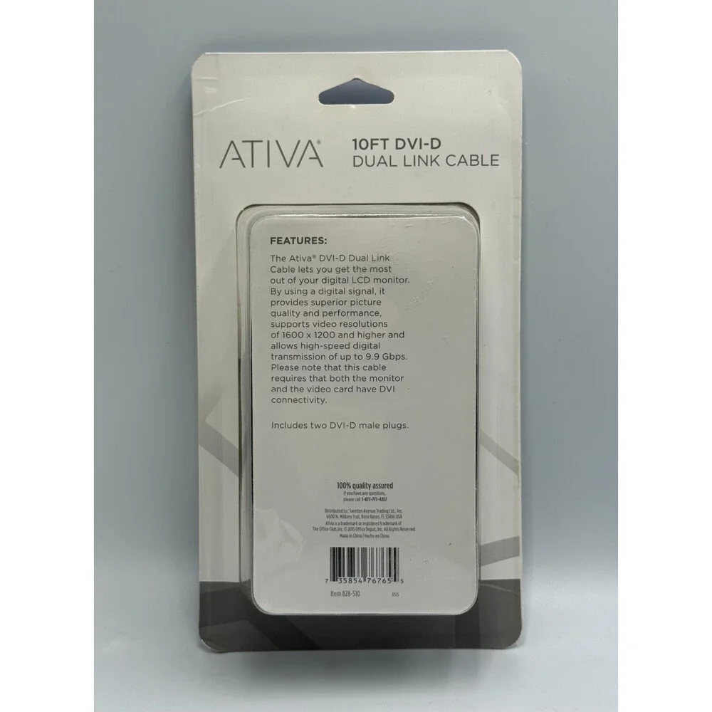 New Ativa 10 Foot DVI-D Dual Link Male to Male Digital Video Cable - 1600x1200